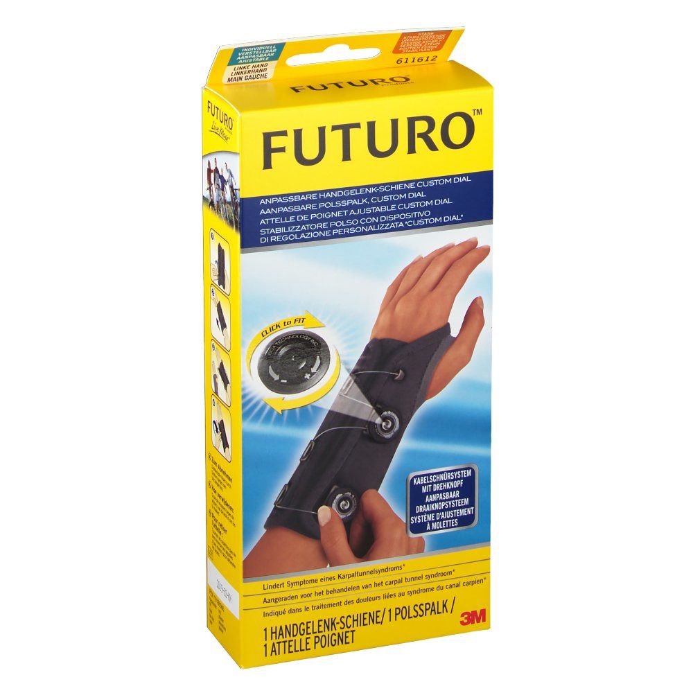 Emballage de l'attelle de poignet Futuro. Produit porté sur un poignet. Texte: Futuro, Custom Dial, attelle de poignet.