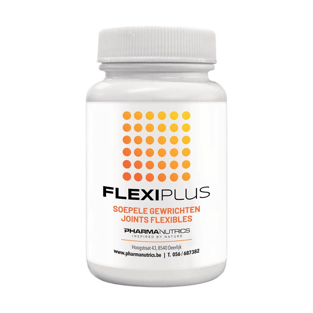 Flacon blanc FLEXIPLUS. Points orange. Texte : Soepele Gewrichten, Joints Flexibles. Pharmanutrics.