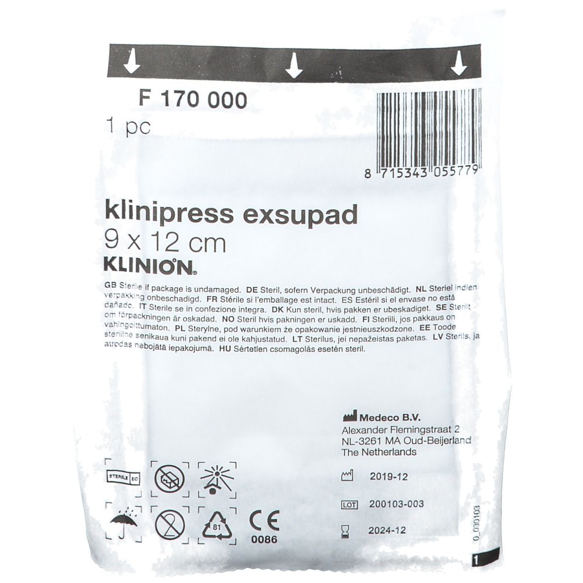 Emballage avec informations produit. Impression: Klinipress exsupad 9 x 12 cm. KLINION. 1 pièce.