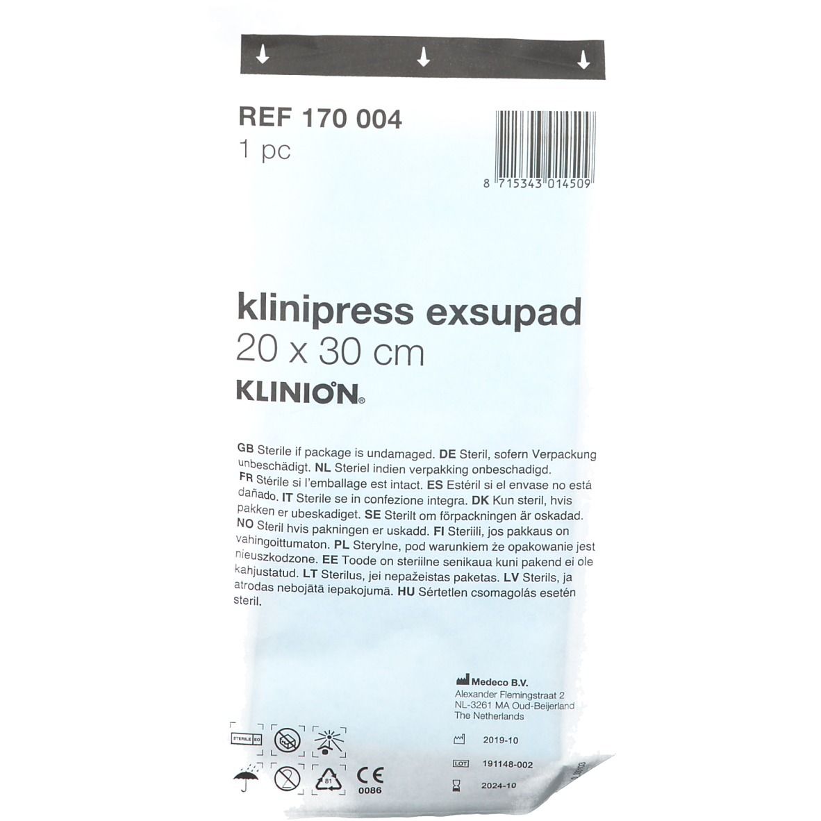 Emballage avec informations produit. Texte: klinipress exsupad 20 x 30 cm, KLINION. Stérile.