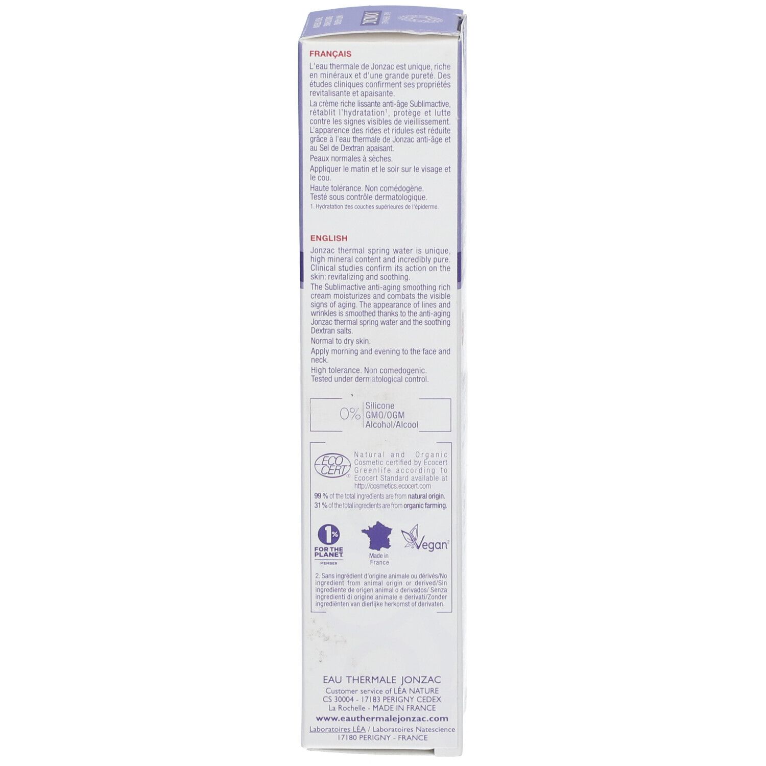 Produktverpackung. Text in Französisch und Englisch. Bio-Zertifizierung. Vegan-Siegel.