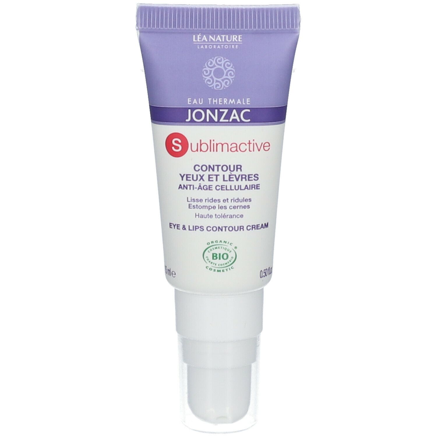Creme-Tube, lila-weiß, mit Produktnamen und Bio-Siegel. Text: Augen- und Lippenkonturcreme.
