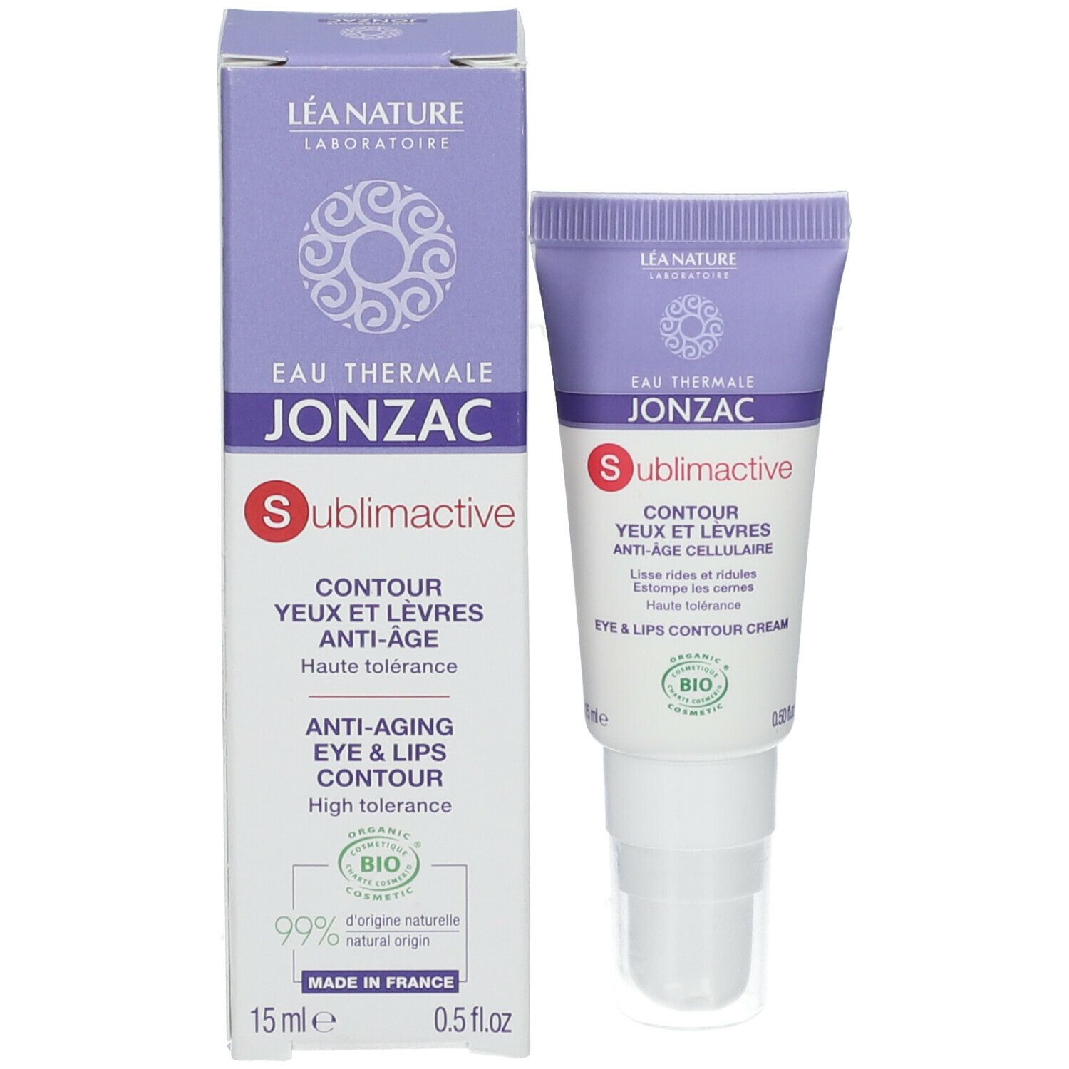 Produktverpackung mit Tube und Karton. Lila-weißes Design. Text: Augen- und Lippenkonturcreme, Bio-Zertifizierung.