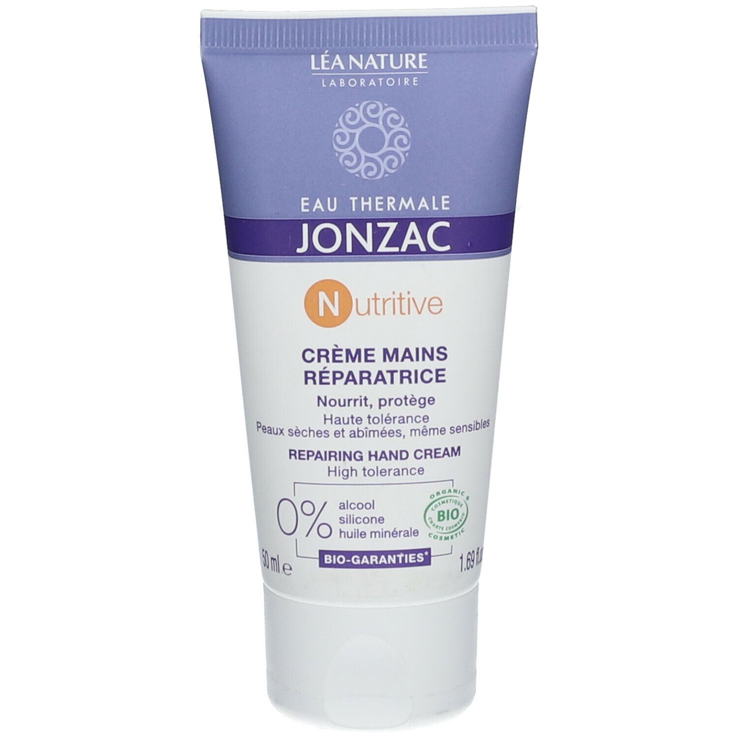 Jonzac Handcreme-Tube, weiß-lila, mit Text und Logo. Bio-Zertifizierung. "Nutritive" und "Réparatrice" deutlich sichtbar.