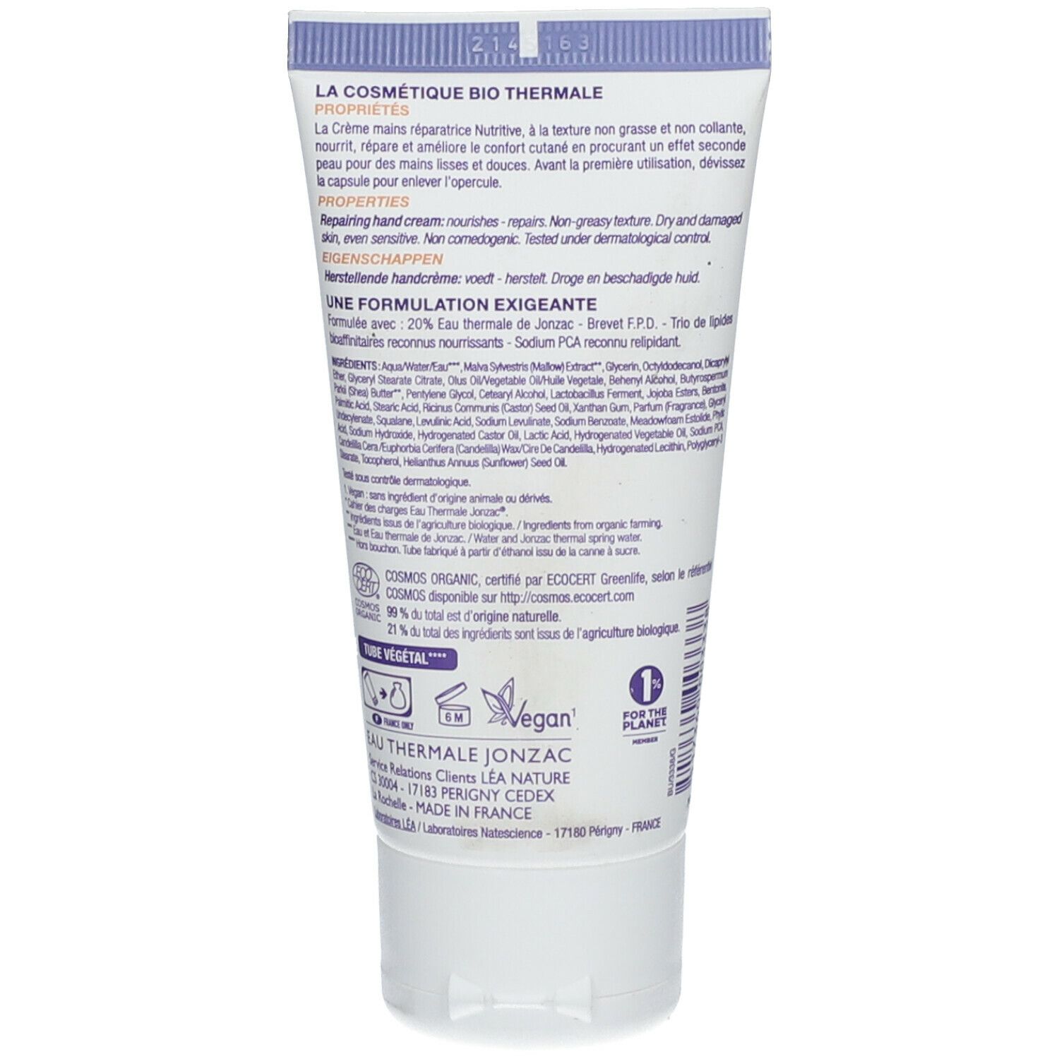 Rückseite der Jonzac Handcreme-Tube. Text in mehreren Sprachen. Bio-Zertifizierung. Vegan-Logo. Informationen zur Zusammensetzung.