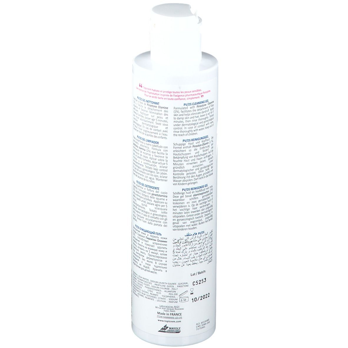 Vue arrière du flacon blanc TOPICREM PV/DS Gel nettoyant. Texte multilingue. Code-barres et numéro de lot.