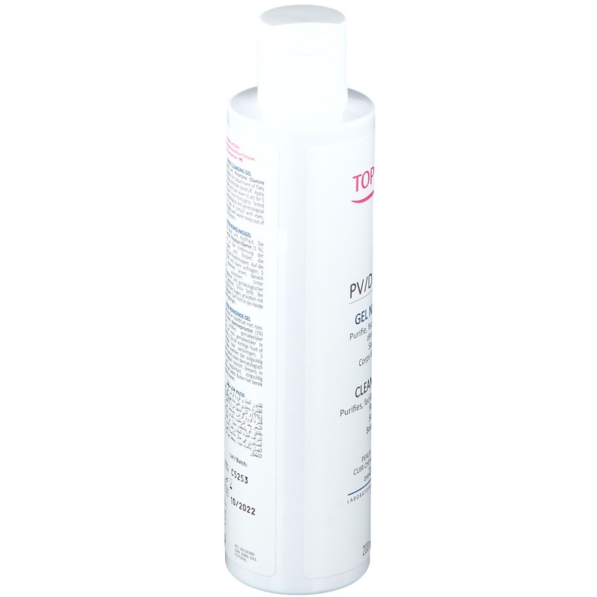 Vue arrière du flacon blanc TOPICREM PV/DS Gel nettoyant. Texte multilingue. Code-barres et numéro de lot.