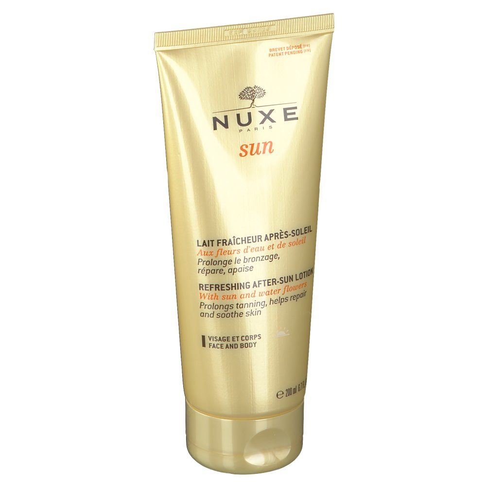 Tube doré NUXE Sun. Inscription : Lait Fraîcheur Après-Soleil. Pour le visage et le corps.