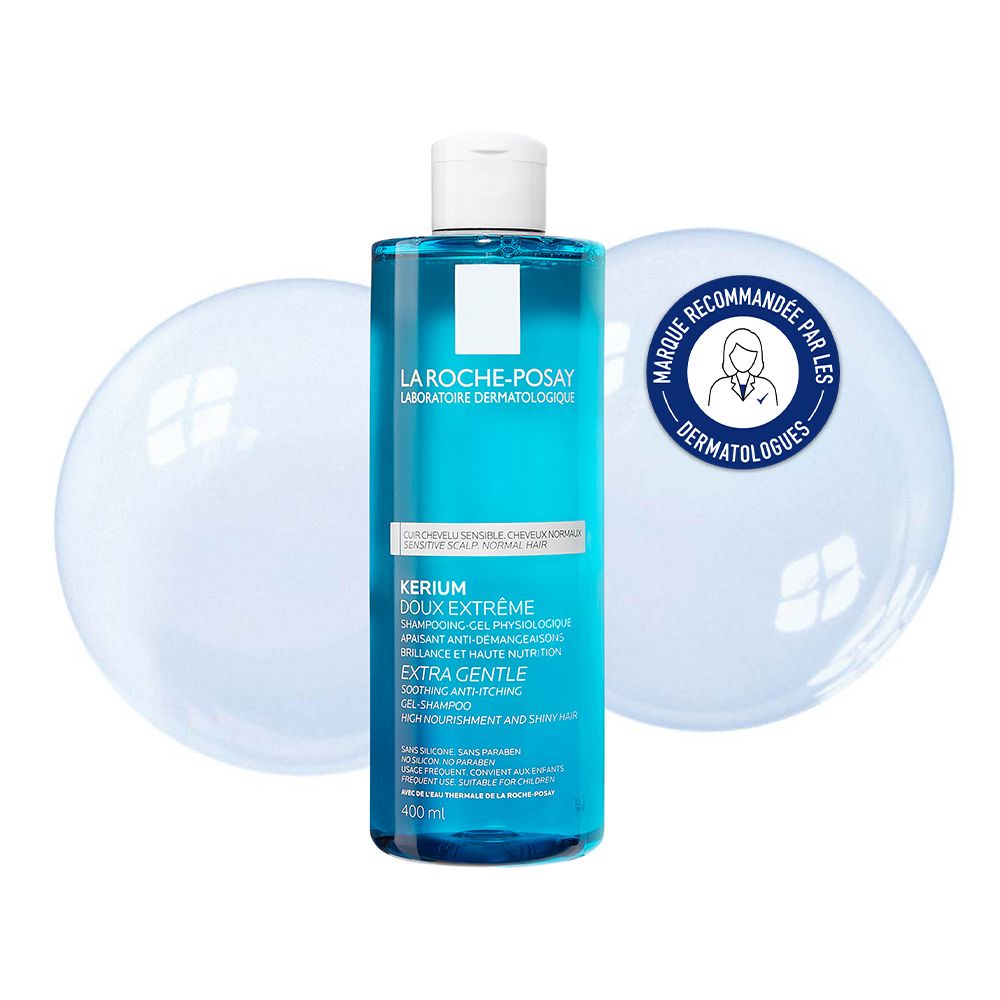 La Roche-Posay Kerium Shampoo. Flacon bleu, bouchon blanc. Recommandé par les dermatologues.