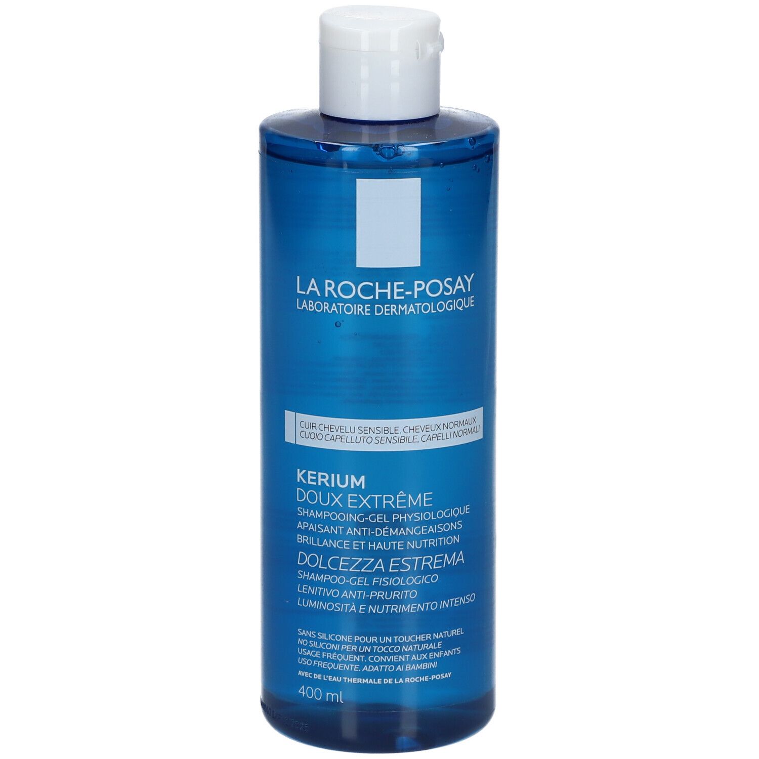 Flacon bleu, bouchon blanc. La Roche-Posay Kerium Shampoo. 400ml.