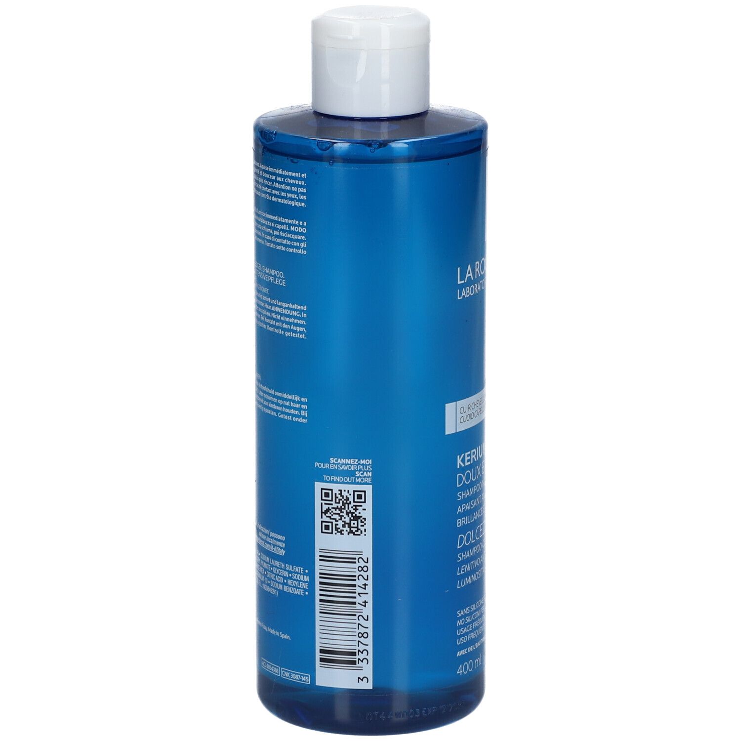 Dos du flacon bleu. La Roche-Posay Kerium Shampoo. Code-barres.