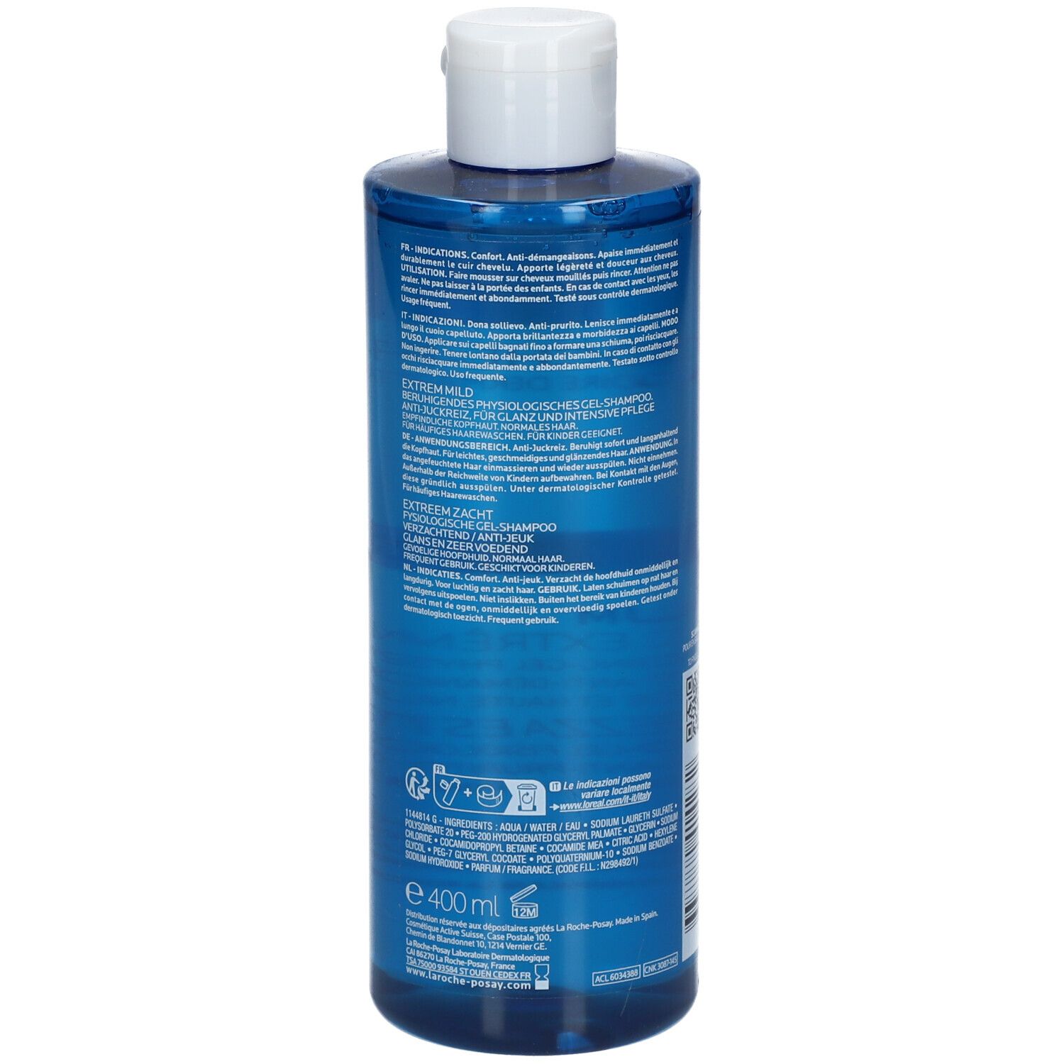 Dos du flacon bleu. La Roche-Posay Kerium Shampoo. Texte.