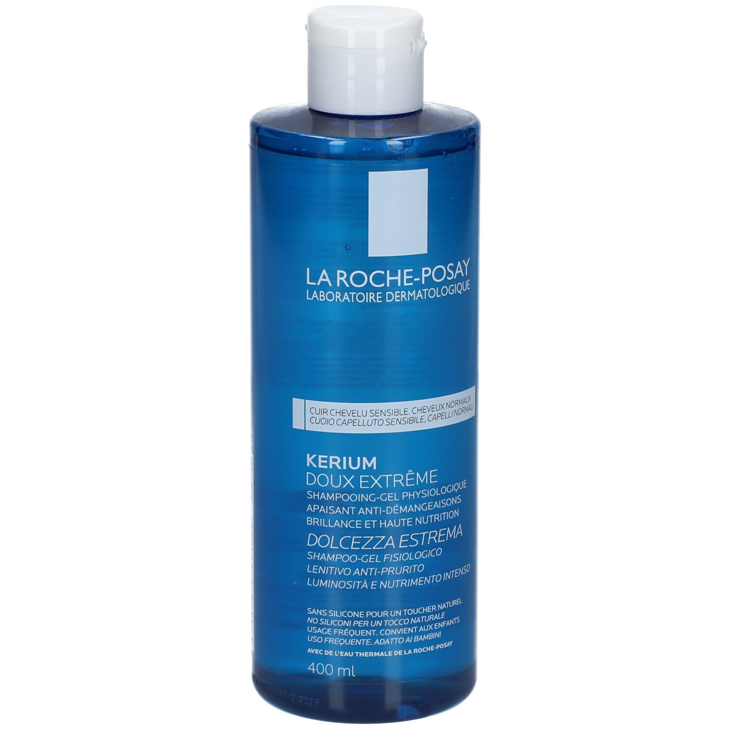 Flacon bleu, bouchon blanc. La Roche-Posay Kerium Shampoo. 400ml.