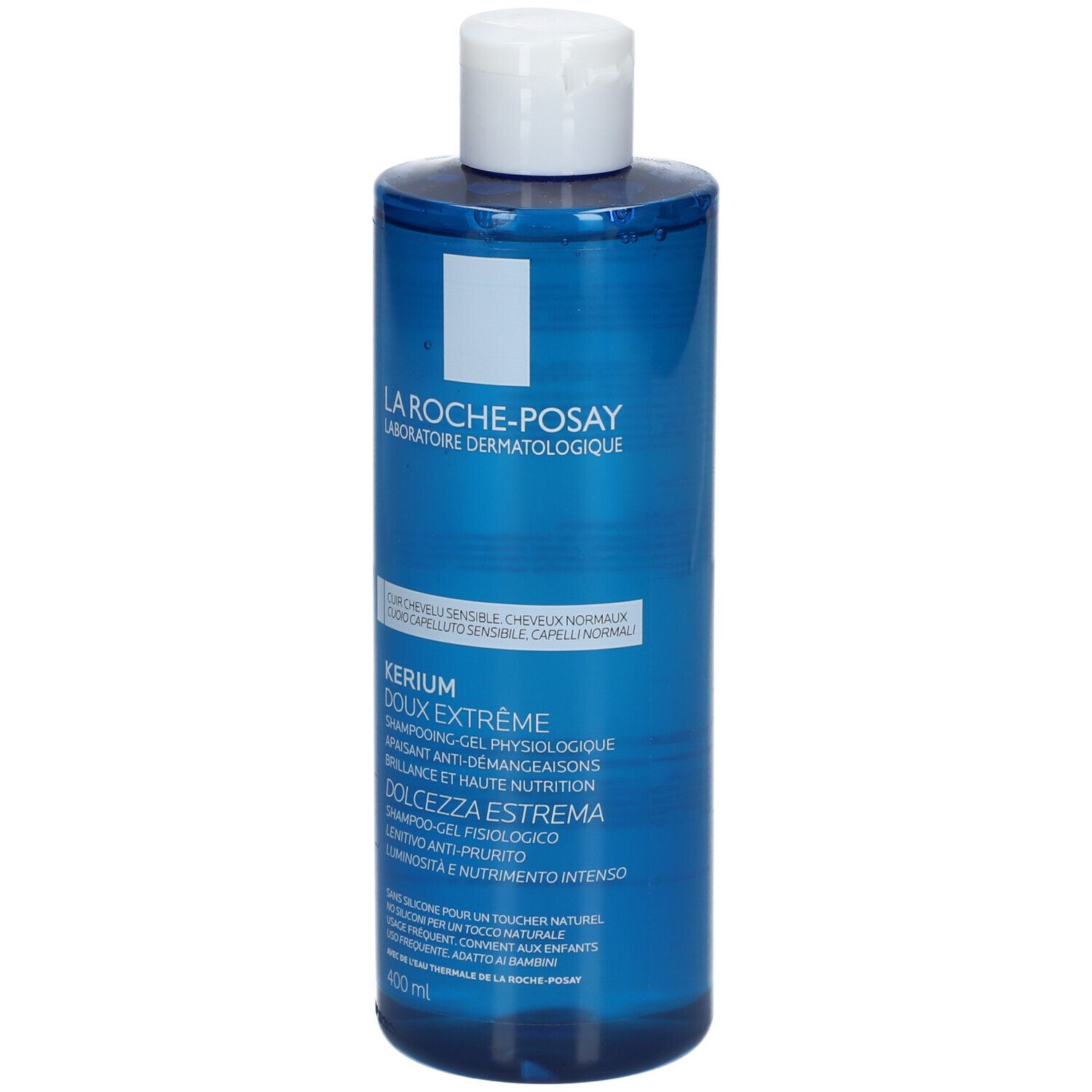 Flacon bleu, bouchon blanc. La Roche-Posay Kerium Shampoo. 400ml.