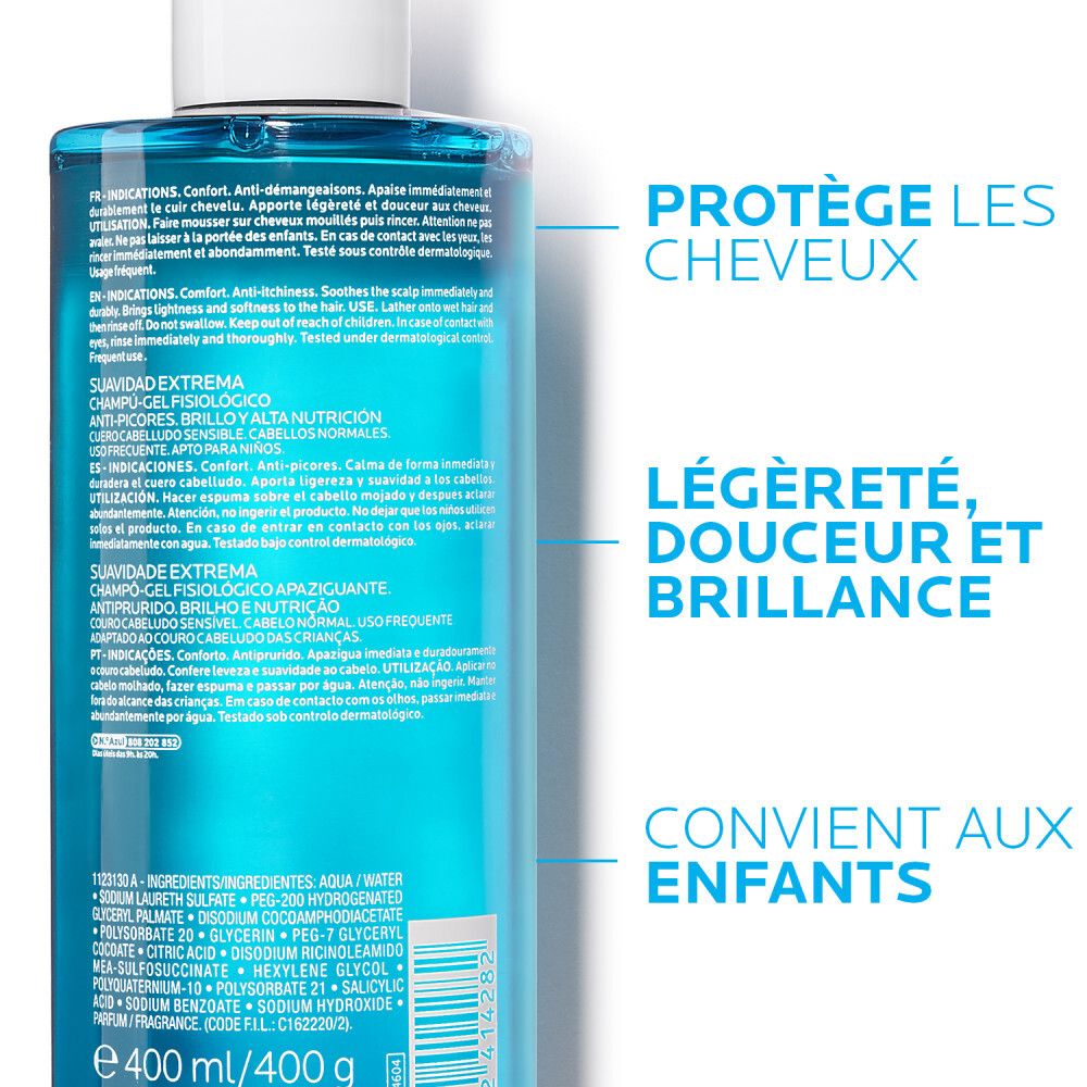 Dos du flacon bleu. La Roche-Posay Kerium Shampoo. Texte.