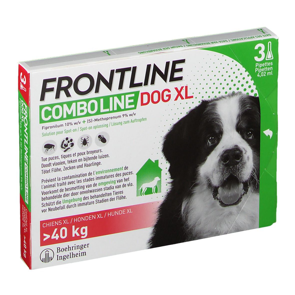 Boîte Frontline Combo Line Chien XL >40kg. Contient 3 pipettes. Image d'un chien.