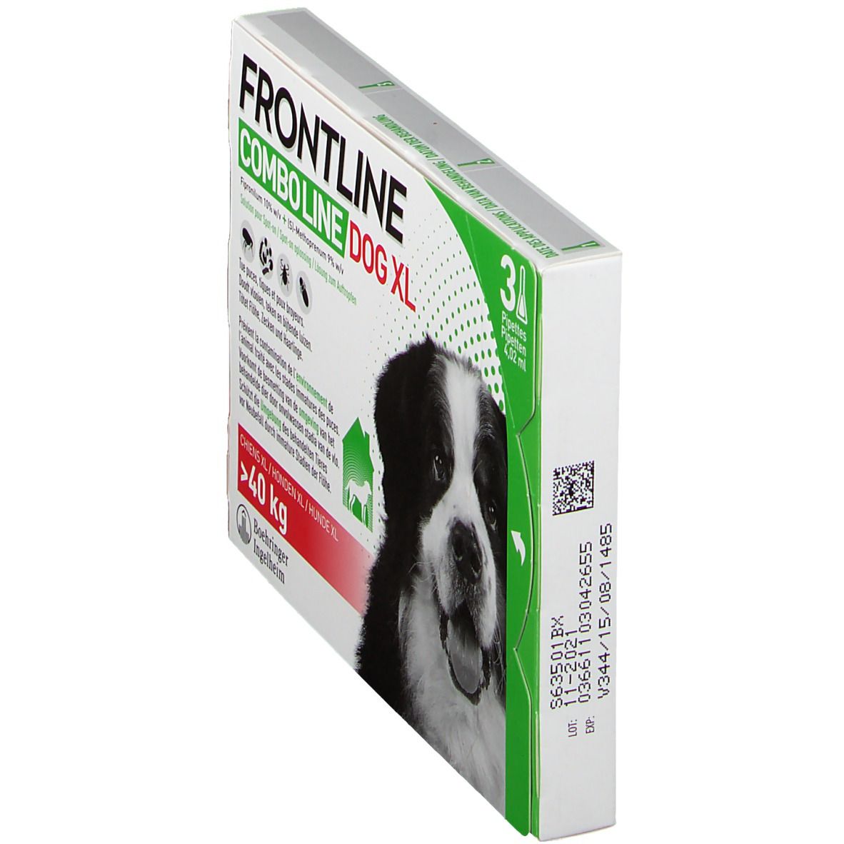 Vue oblique de la boîte Frontline Combo Line Chien XL >40kg. 3 pipettes. Image de chien.