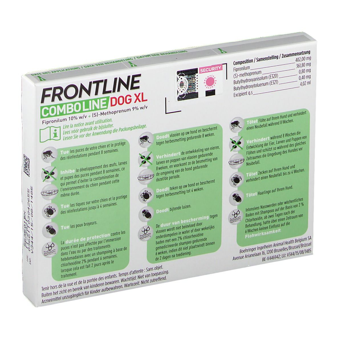Dos de la boîte Frontline Combo Line Chien XL >40kg. Informations et pictogrammes.