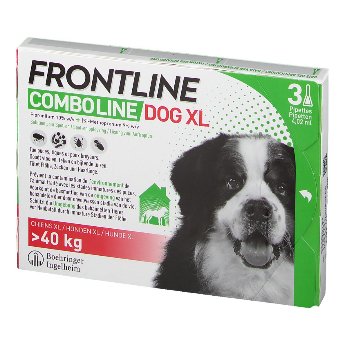 Boîte Frontline Combo Line Chien XL >40kg. 3 pipettes. Image de chien.
