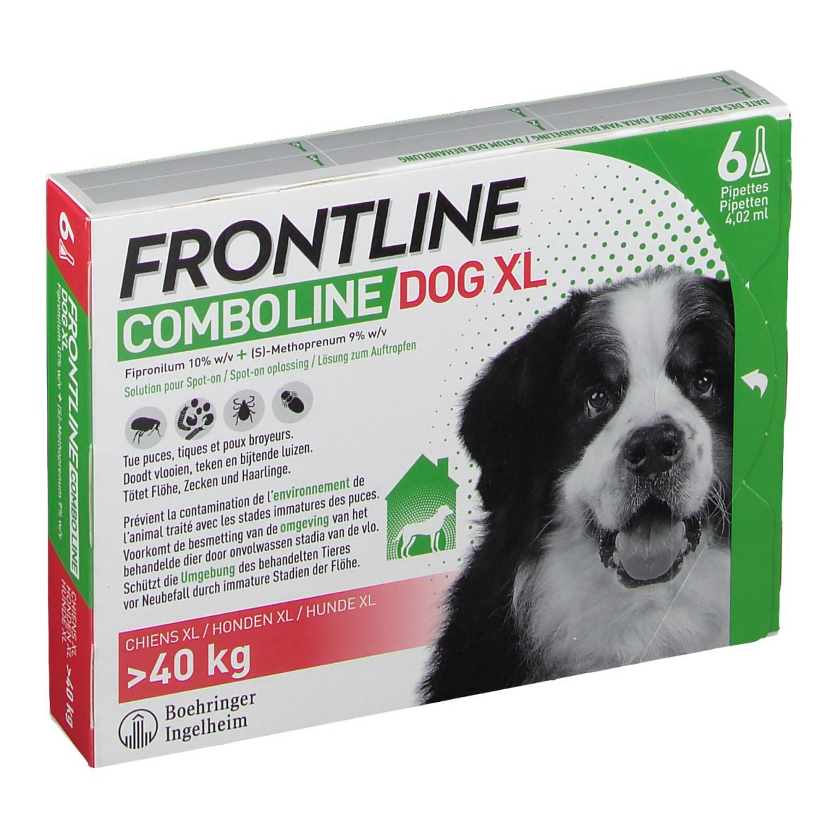 Verpakking FRONTLINE Combo Line Chien XL. Bevat 6 pipetten. Afbeelding van een hond. Tekst: >40 kg.