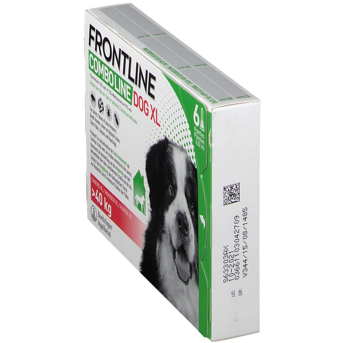 Zijaanzicht van de verpakking FRONTLINE Combo Line Chien XL. Bevat 6 pipetten. Tekst: >40 kg.