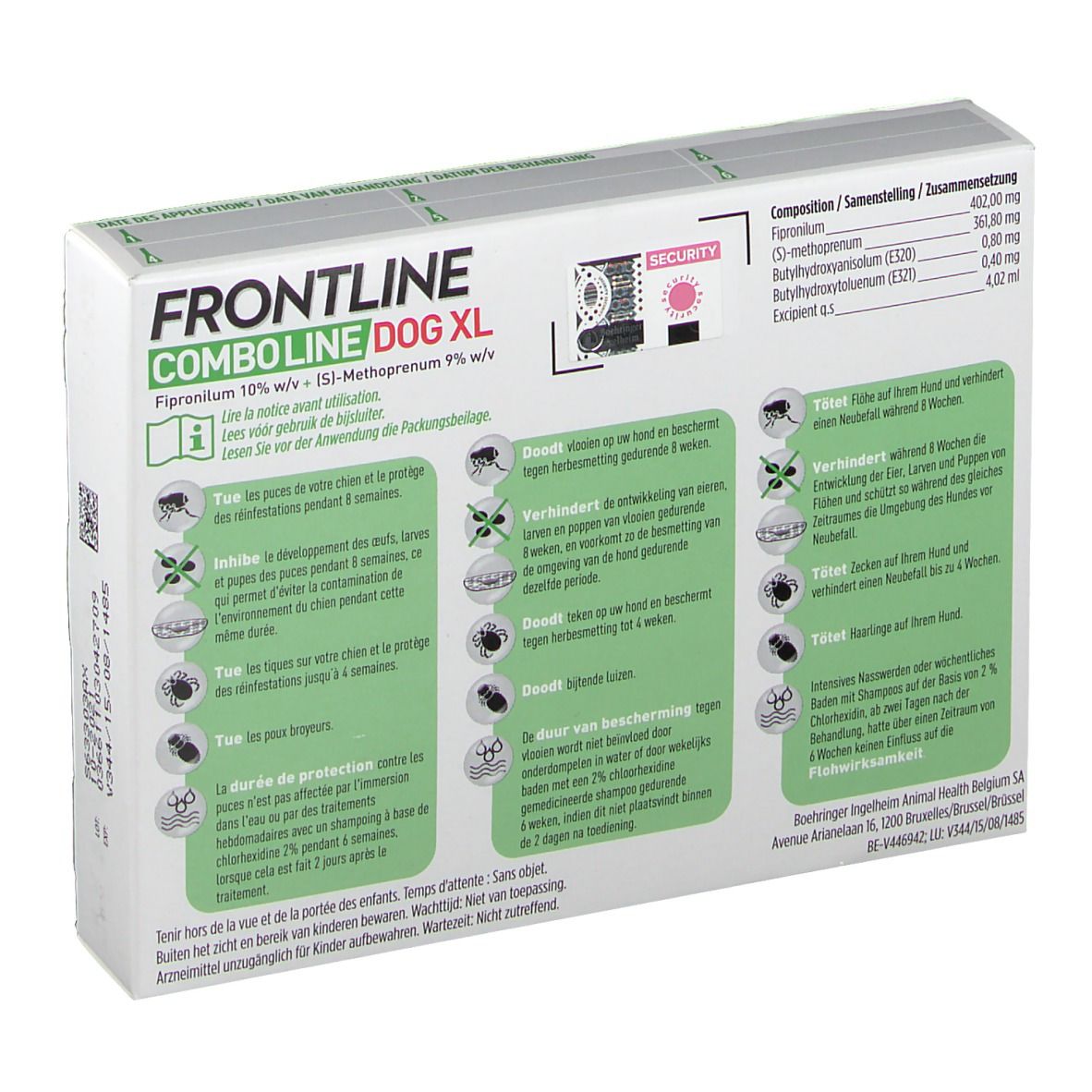 Achterkant van de verpakking FRONTLINE Combo Line Chien XL. Bevat informatie en symbolen. Tekst: >40 kg.