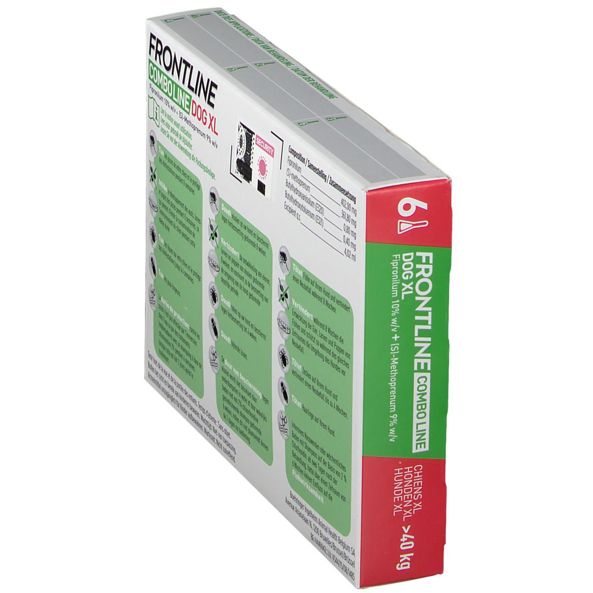 Zijaanzicht van de verpakking FRONTLINE Combo Line Chien XL. Bevat 6 pipetten. Tekst: >40 kg.