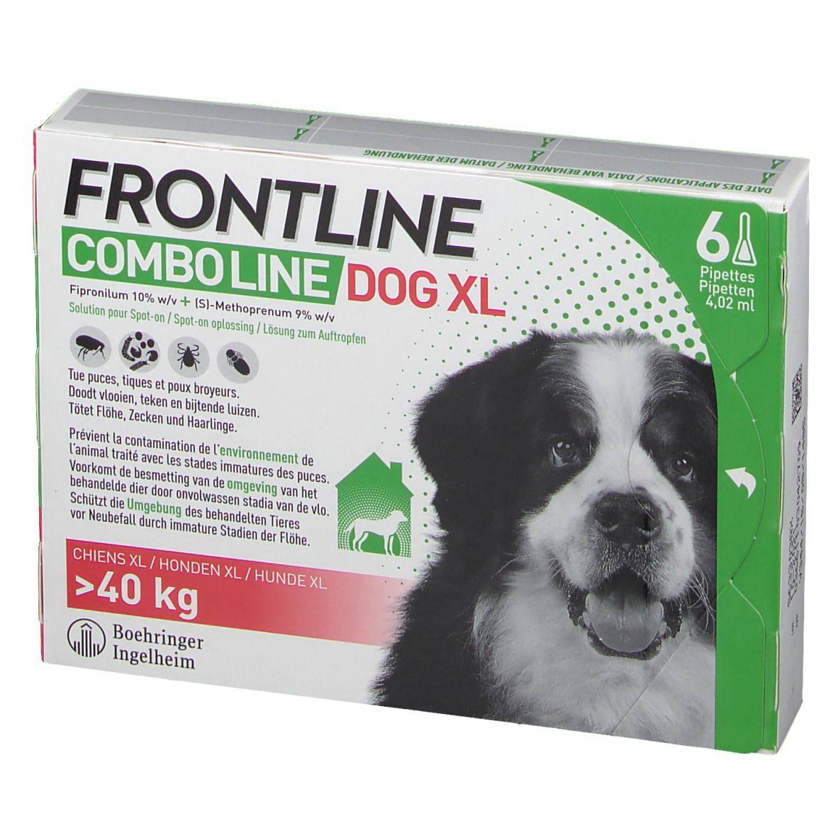 Verpakking FRONTLINE Combo Line Chien XL. Bevat 6 pipetten. Afbeelding van een hond. Tekst: >40 kg.