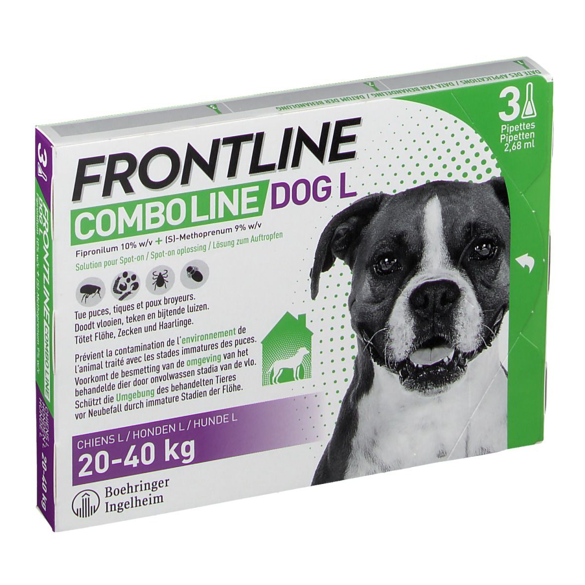 Verpakking van FRONTLINE Combo Line Chien L 20-40kg. Bevat 3 pipetten. Afbeelding van een hond.
