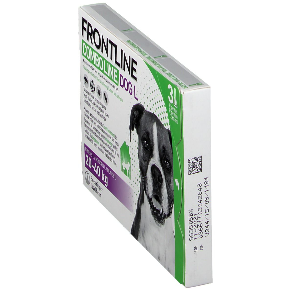 FRONTLINE Combo Line Chien L 20-40kg verpakking, schuin. Bevat 3 pipetten. Hond afbeelding.