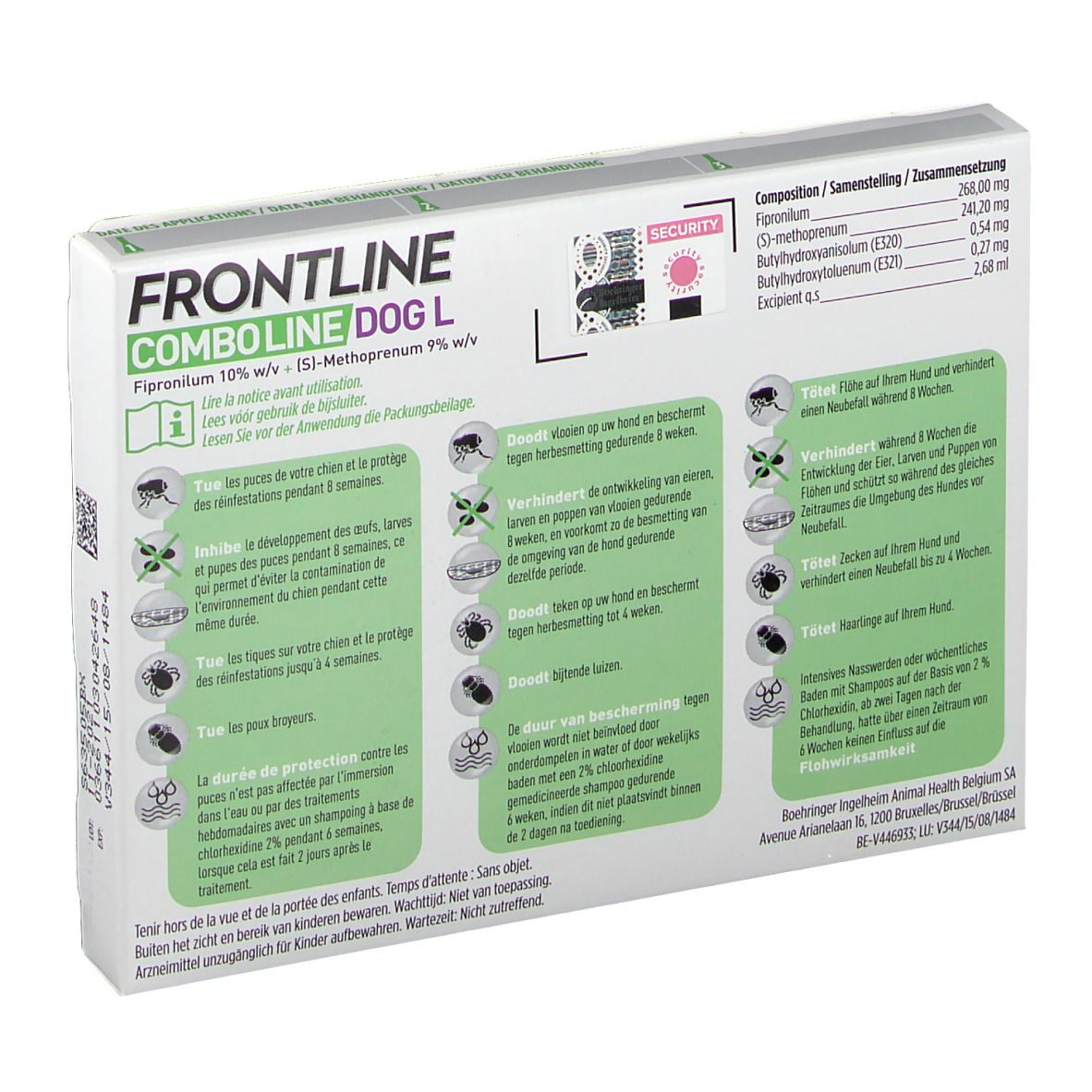 Achterkant van FRONTLINE Combo Line Chien L 20-40kg verpakking. Bevat informatie en ingrediënten.