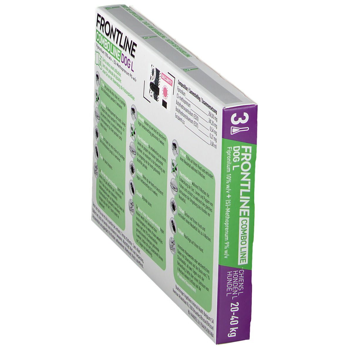 FRONTLINE Combo Line Chien L 20-40kg verpakking, schuin. Achterkant met informatie.