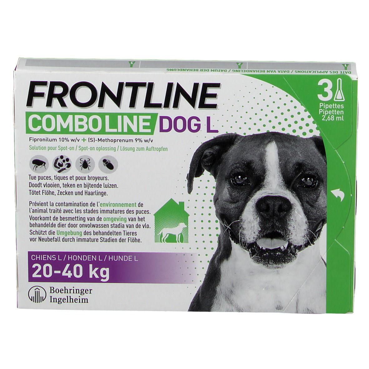 FRONTLINE Combo Line Chien L 20-40kg verpakking. Bevat 3 pipetten. Hond afbeelding.