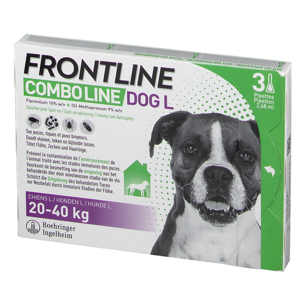 FRONTLINE Combo Line Chien L 20-40kg verpakking. Bevat 3 pipetten. Hond afbeelding.