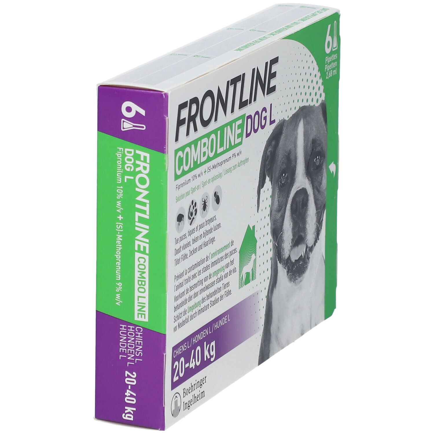Emballage FRONTLINE Combo Line Chien L 20-40kg. Contient 6 pipettes. Chien représenté. Vue latérale.