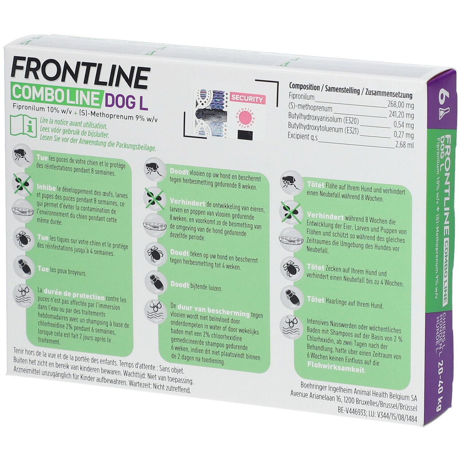 Dos de l'emballage FRONTLINE Combo Line Chien L 20-40kg. Informations sur l'utilisation et la composition.