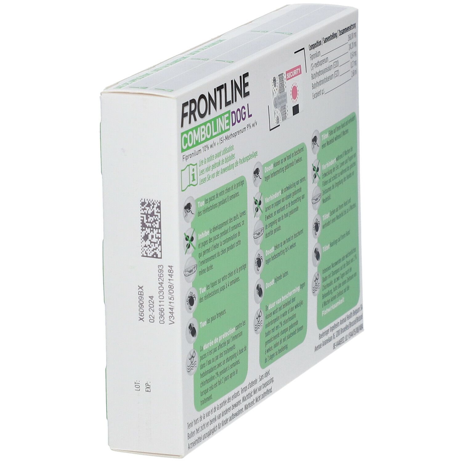 Dos de l'emballage FRONTLINE Combo Line Chien L 20-40kg. Informations sur l'utilisation et la composition.