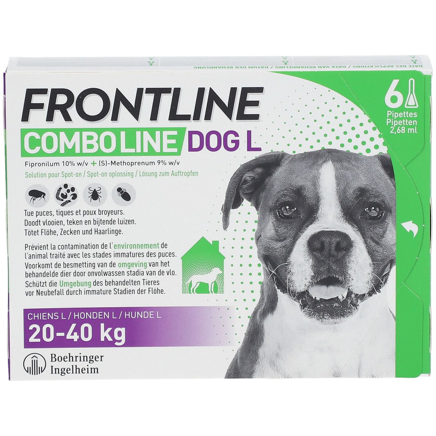 Emballage FRONTLINE Combo Line Chien L 20-40kg. Contient 6 pipettes. Chien représenté.