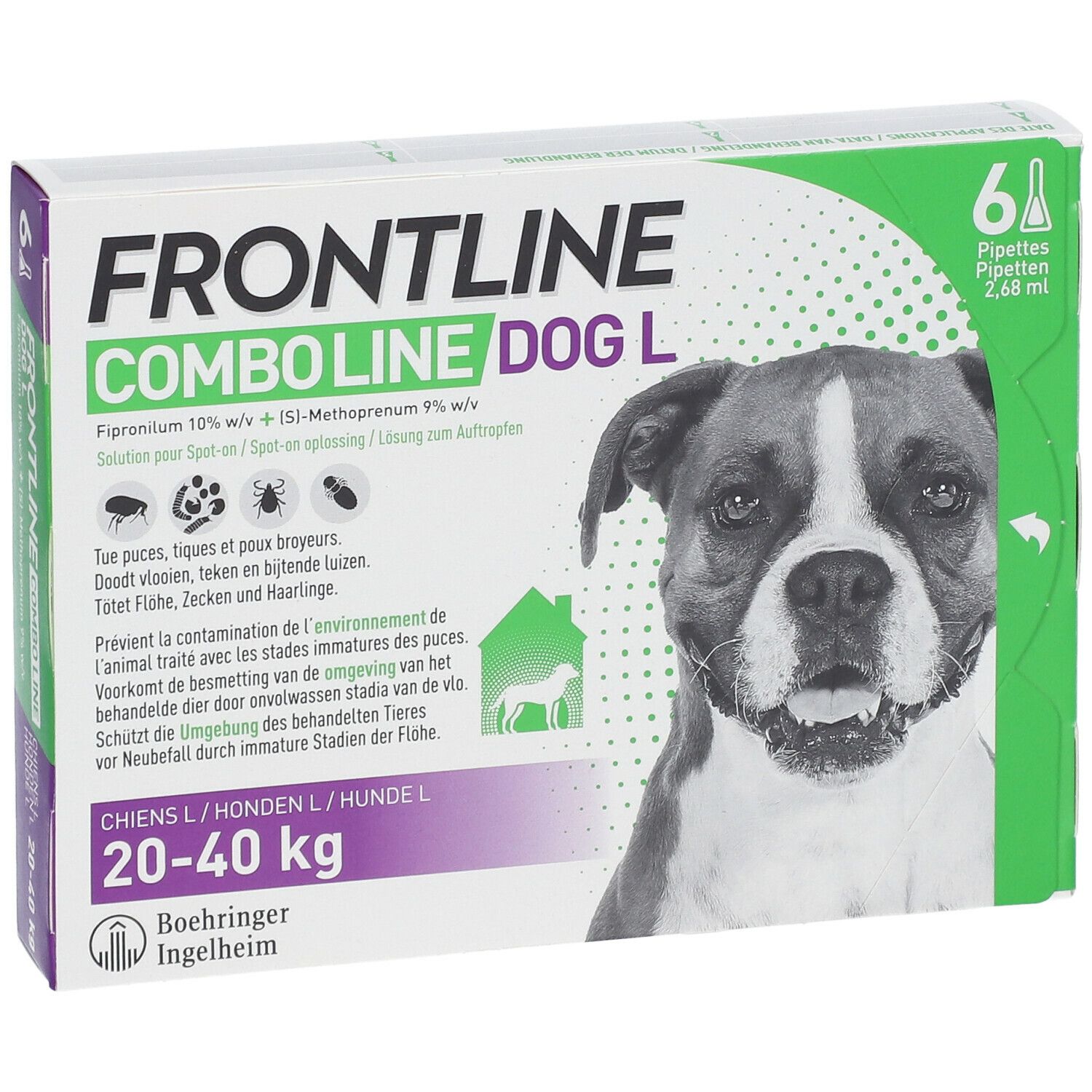 Emballage FRONTLINE Combo Line Chien L 20-40kg. Contient 6 pipettes. Chien représenté.