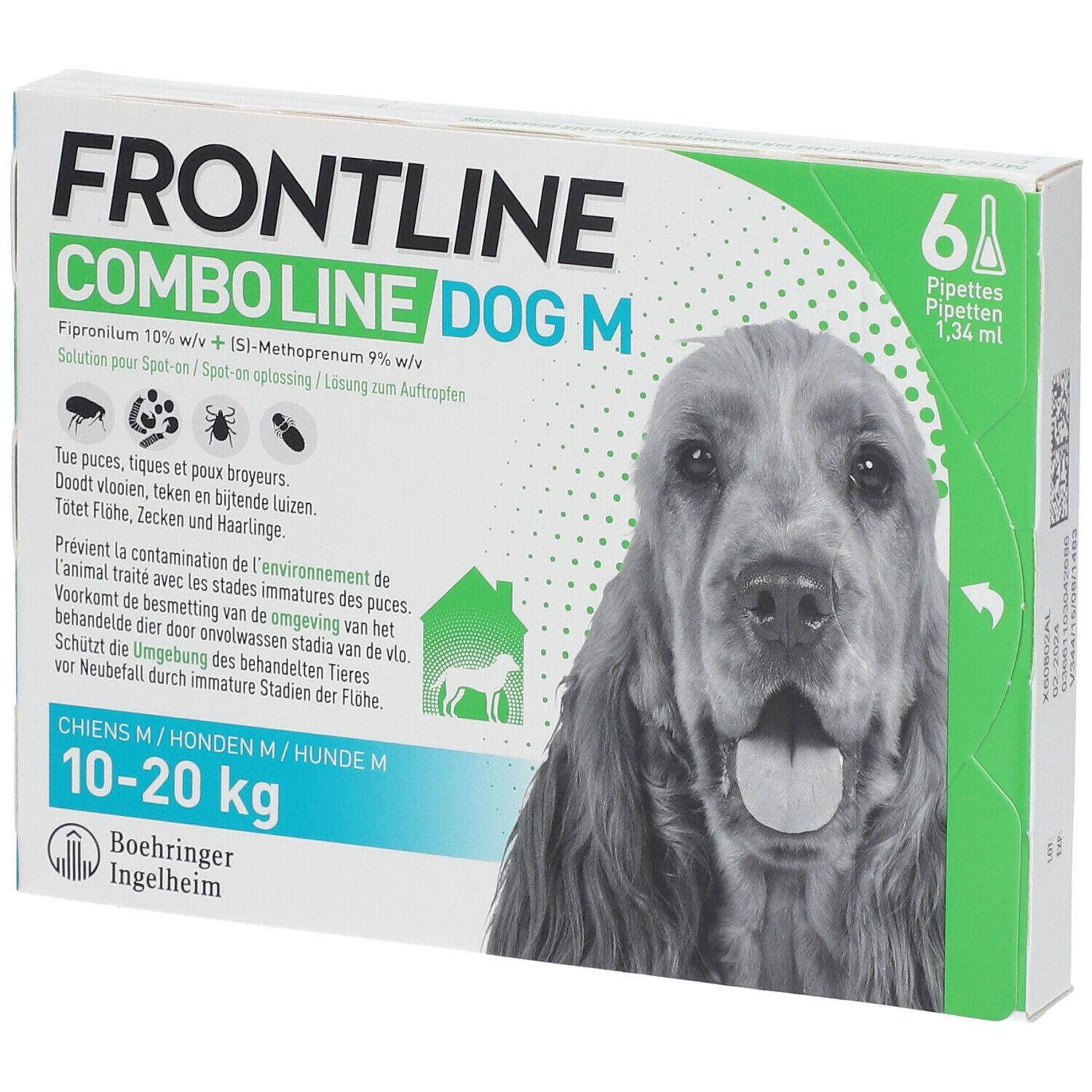 Verpakking FRONTLINE Combo Line Chien M 10-20kg. Bevat 6 pipetten. Opschrift: DOG M, 10-20 kg, afbeelding van een hond.
