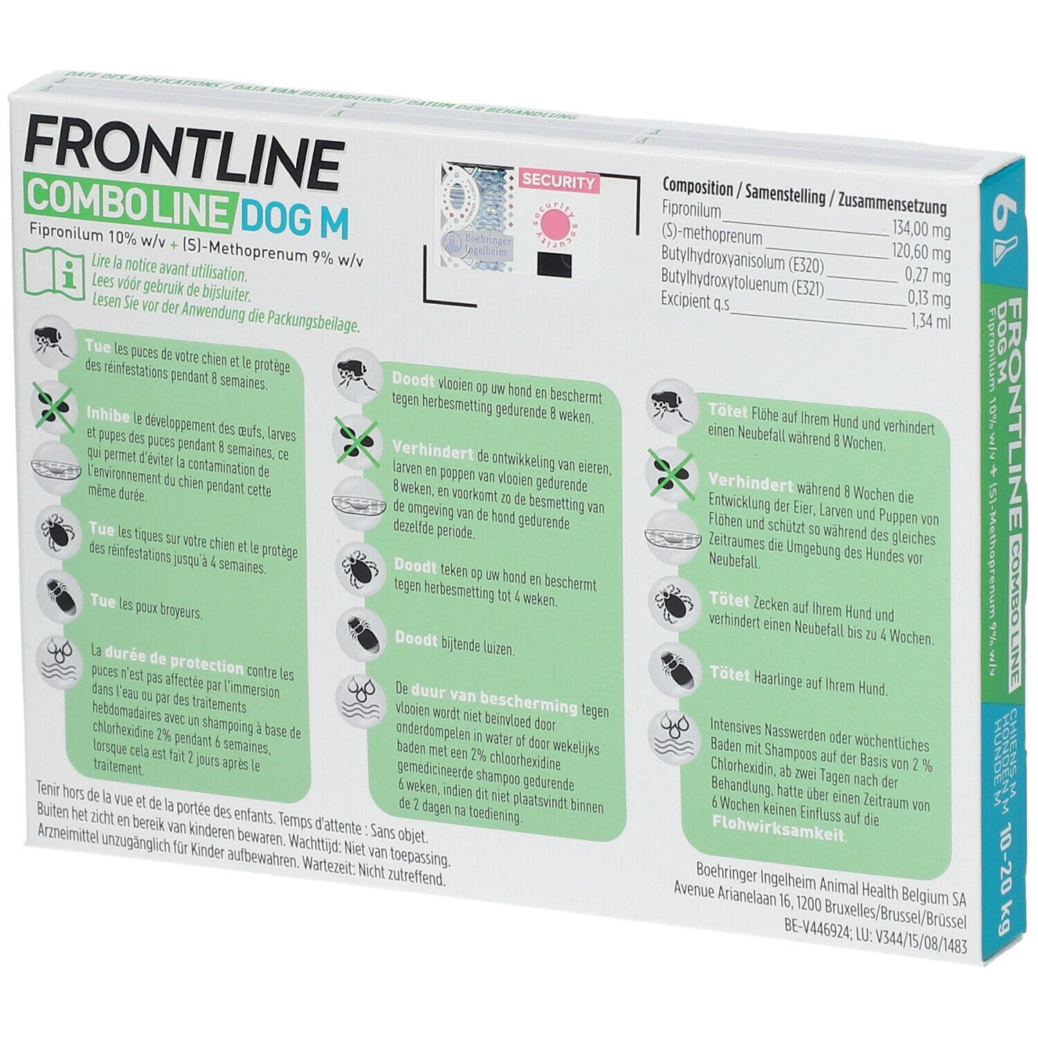 Achterkant verpakking FRONTLINE Combo Line Chien M 10-20kg. Bevat informatie en ingrediënten. Met veiligheidskenmerk.