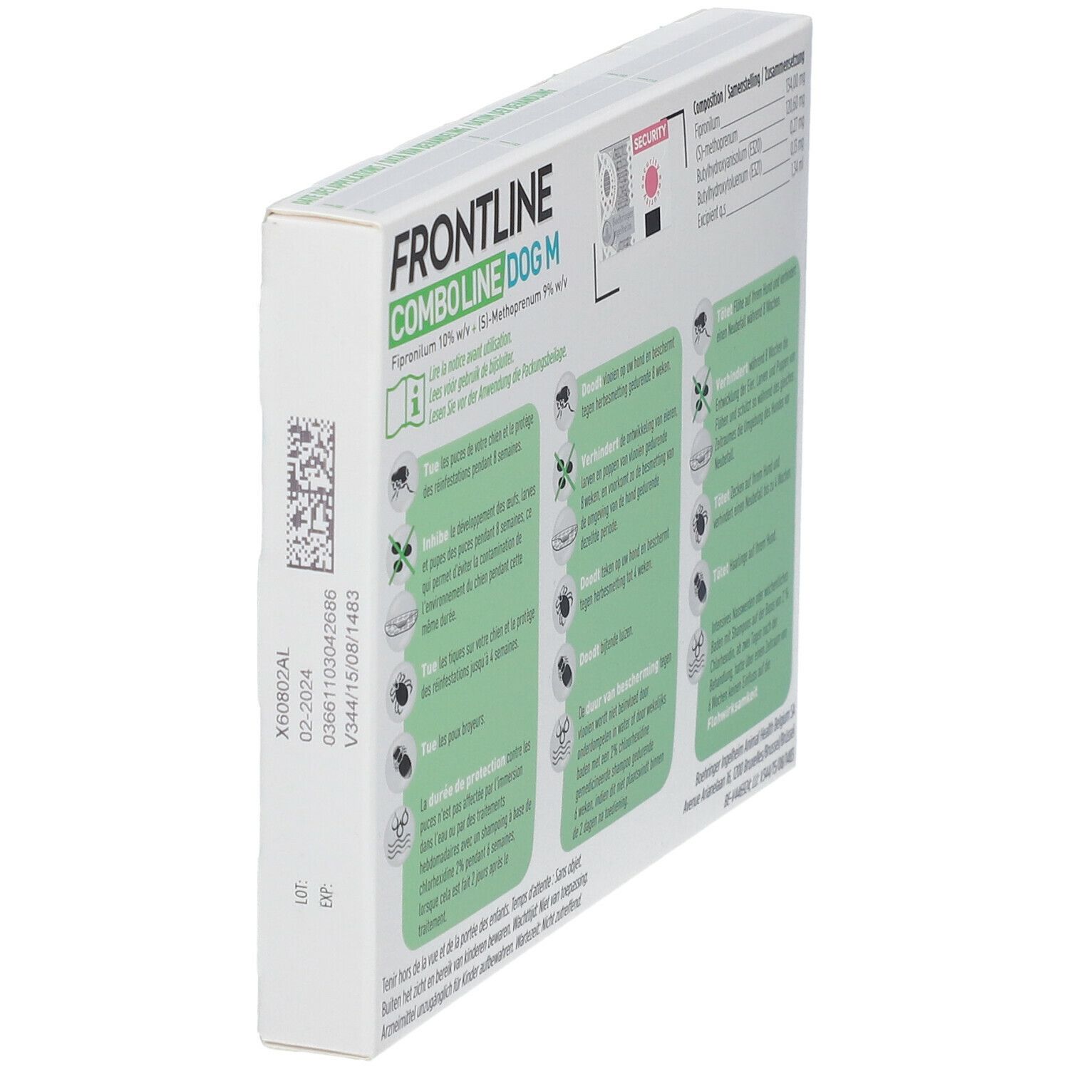 Schuin geplaatste achterkant verpakking FRONTLINE Combo Line Chien M 10-20kg. Met informatie en QR-code.