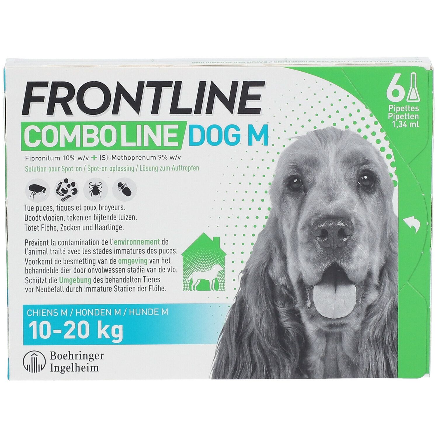 Verpakking FRONTLINE Combo Line Chien M 10-20kg. Bevat 6 pipetten. Opschrift: DOG M, 10-20 kg, afbeelding van een hond.