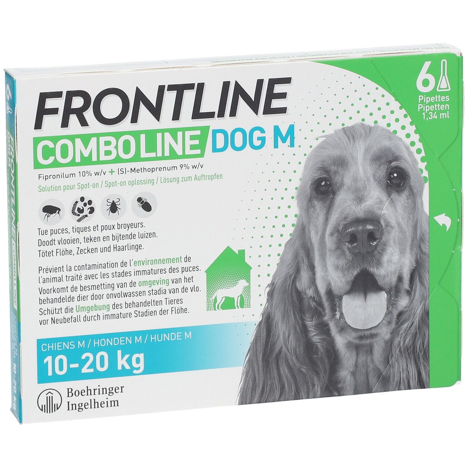 Verpakking FRONTLINE Combo Line Chien M 10-20kg. Bevat 6 pipetten. Opschrift: DOG M, 10-20 kg, afbeelding van een hond.