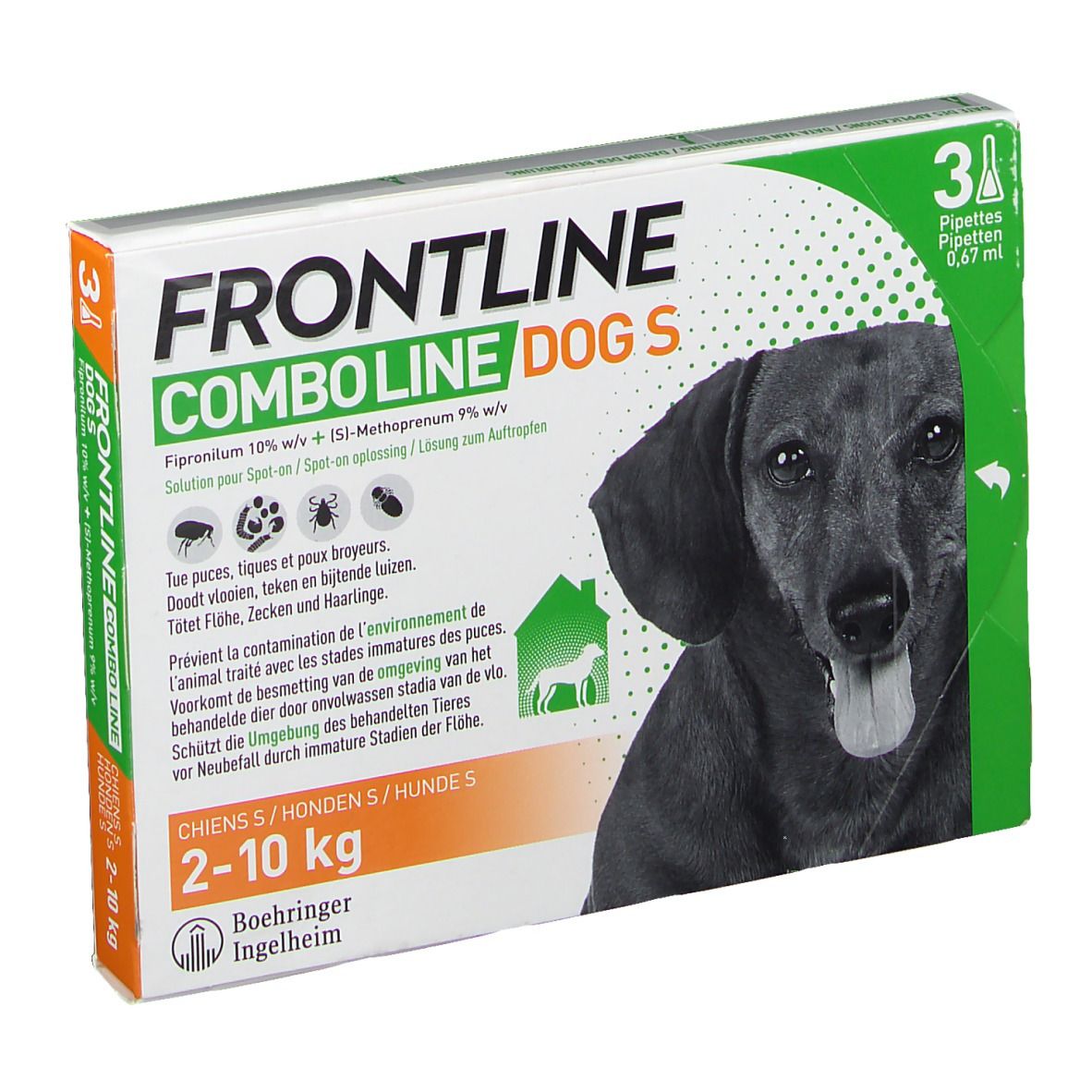 Verpakking van FRONTLINE Combo Line Chien S 2-10kg. Bevat 3 pipetten. Afbeelding van een hond. Tekst: FRONTLINE COMBO LINE DOG S.