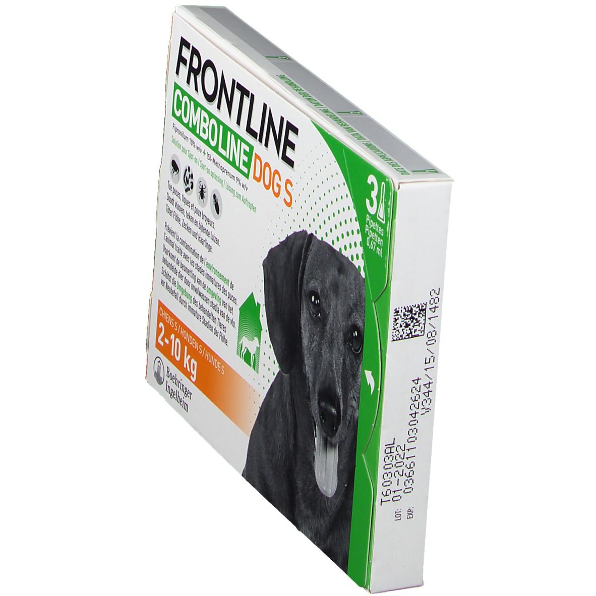 Schuine weergave van de verpakking FRONTLINE Combo Line Chien S 2-10kg. Bevat 3 pipetten. Afbeelding van een hond. Tekst: FRONTLINE COMBO LINE DOG S.