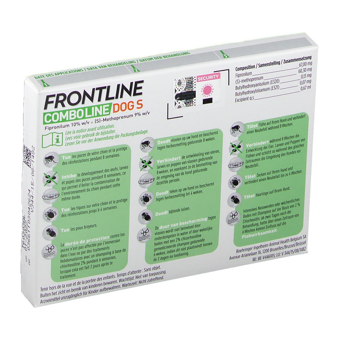 Achterkant van de verpakking FRONTLINE Combo Line Chien S 2-10kg. Bevat informatie en afbeeldingen. Tekst: FRONTLINE COMBO LINE DOG S.