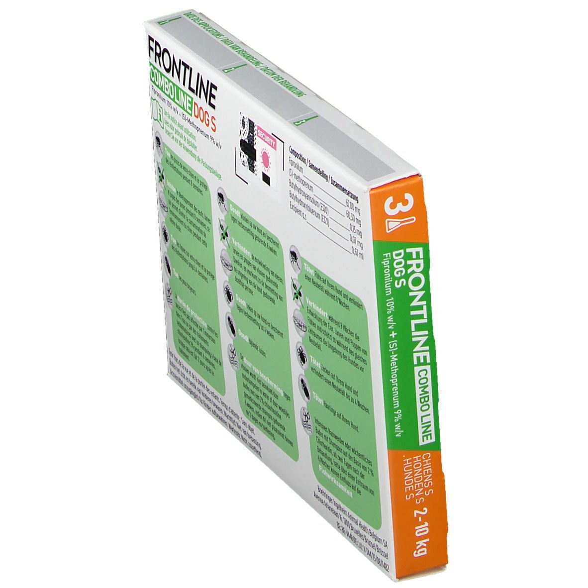 Schuine weergave van de verpakking FRONTLINE Combo Line Chien S 2-10kg. Bevat informatie en afbeeldingen. Tekst: FRONTLINE COMBO LINE DOG S.