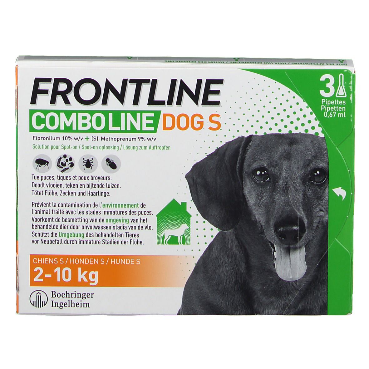 Verpakking van FRONTLINE Combo Line Chien S 2-10kg. Bevat 3 pipetten. Afbeelding van een hond. Tekst: FRONTLINE COMBO LINE DOG S.
