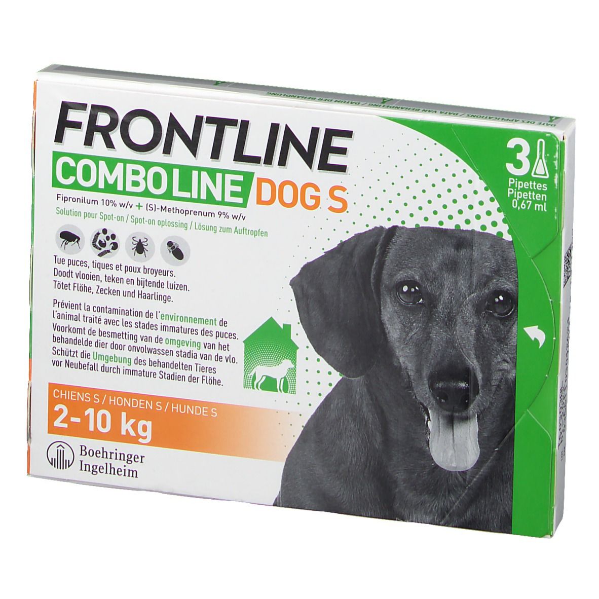 Verpakking van FRONTLINE Combo Line Chien S 2-10kg. Bevat 3 pipetten. Afbeelding van een hond. Tekst: FRONTLINE COMBO LINE DOG S.
